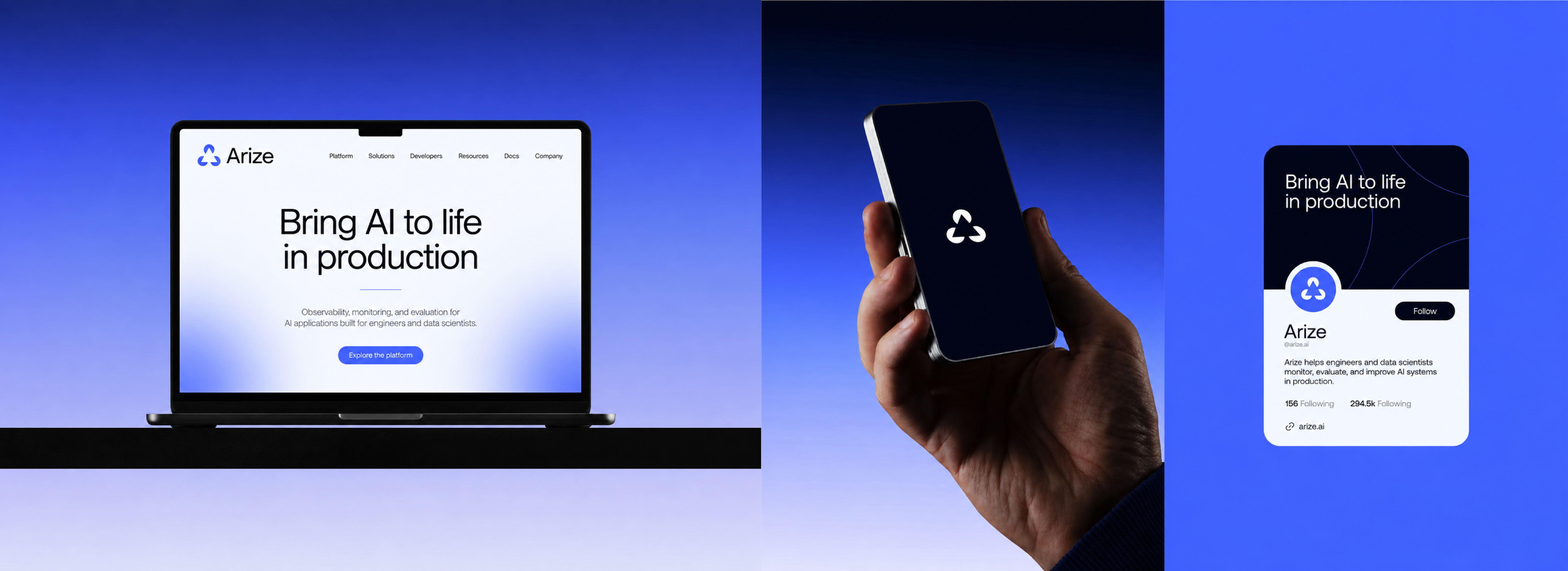 Arize branding in digital use — desktop website, mobile app, and social media profile card