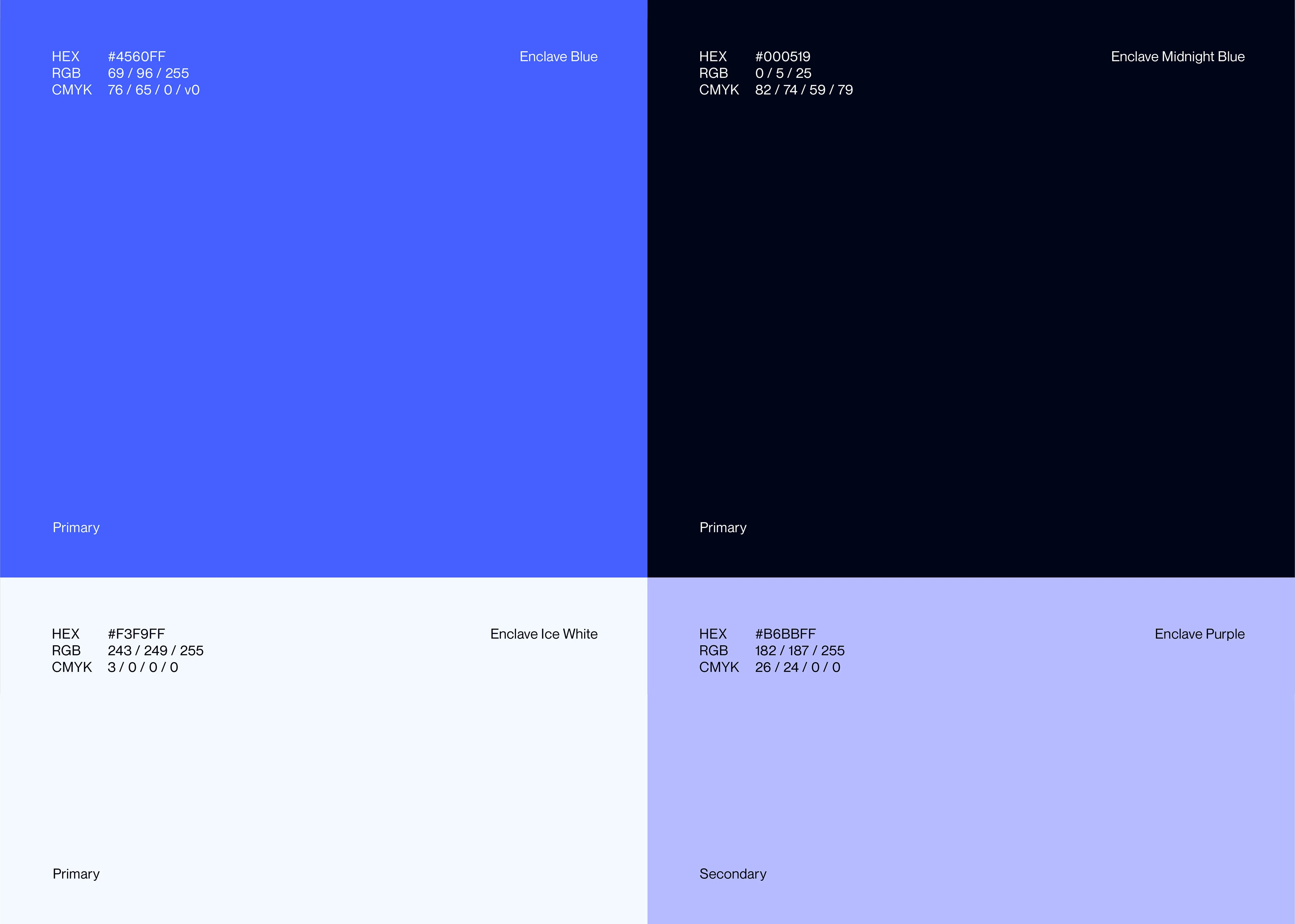 Arize brand colour palette — four swatches: Enclave Blue, Midnight Blue, Ice White, Enclave Purple