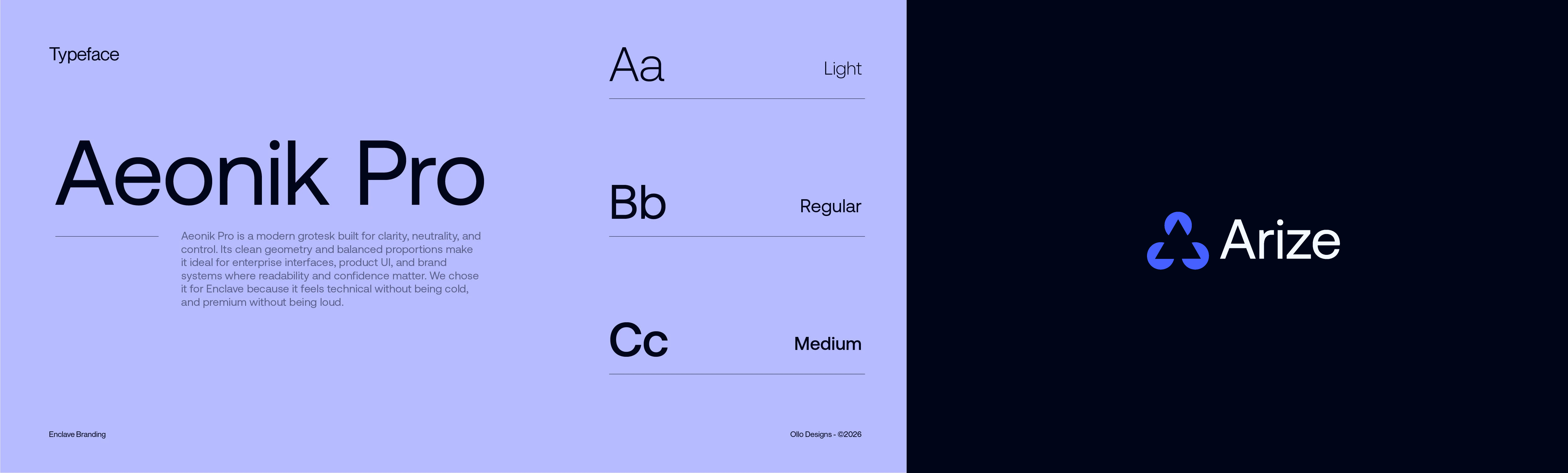 Arize brand typeface — Aeonik Pro displayed across weights on lavender background with logo lockup
