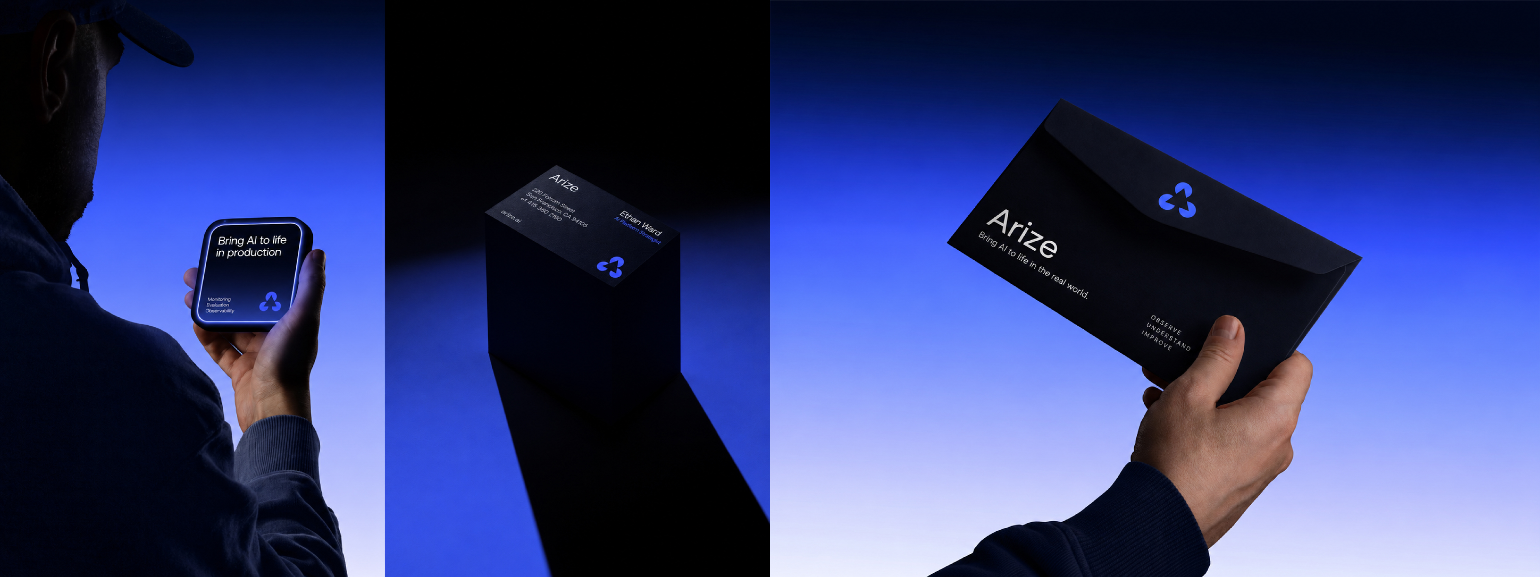 Arize brand collateral — business card box, branded envelope, and physical packaging in midnight and blue palette