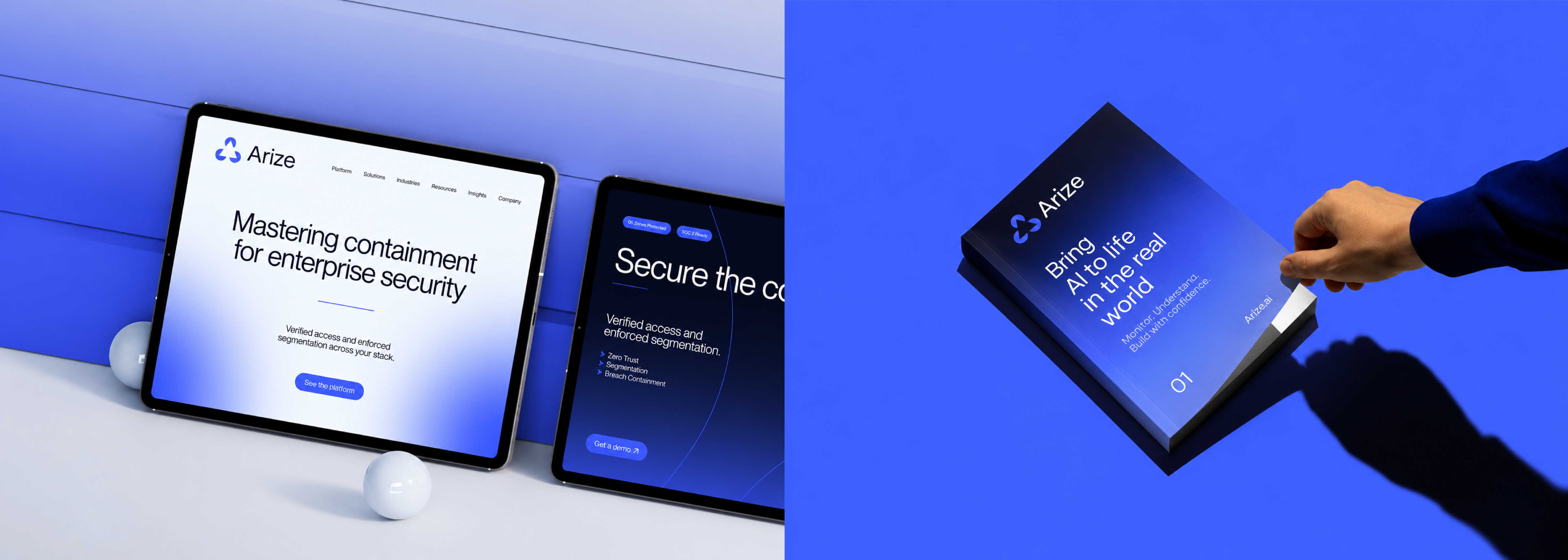 Arize brand in report and tablet applications — editorial print format and digital screen mockups