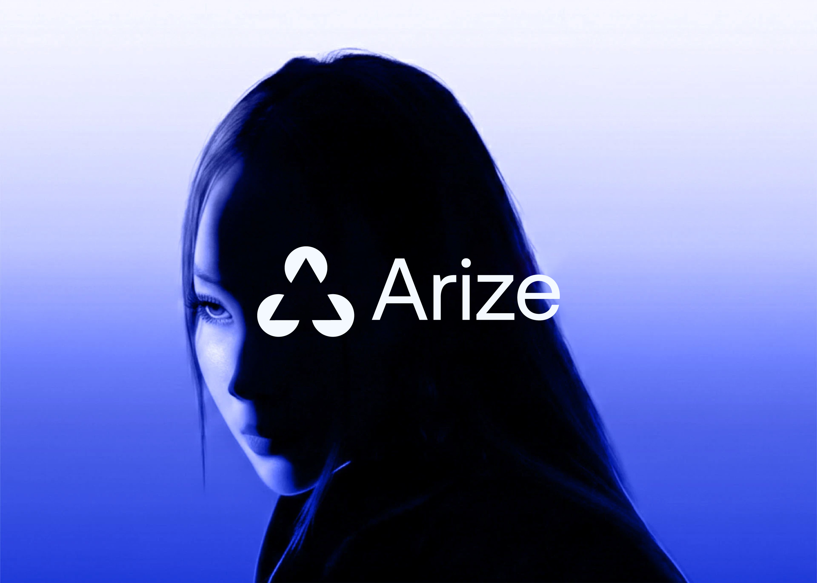 Arize brand campaign — white Arize logo over woman's silhouette on electric blue gradient