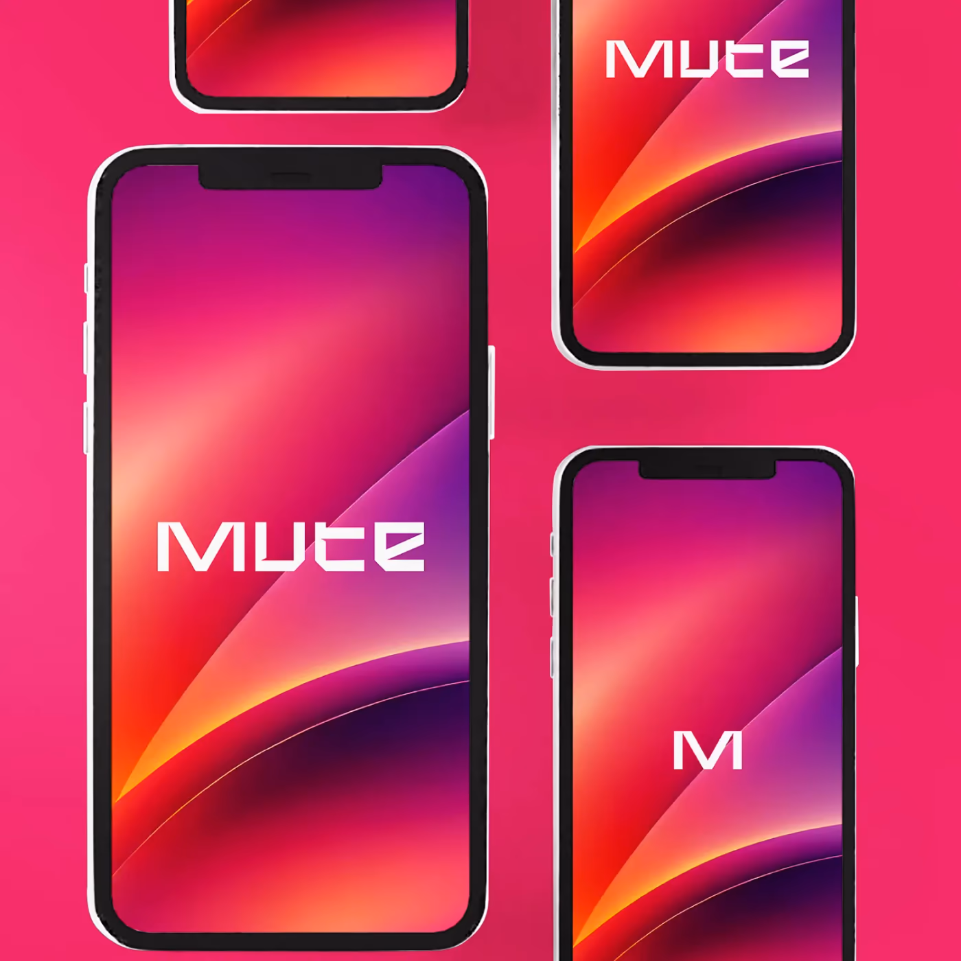 Mute brand identity applied across iPhone mockups — logo on mobile screens