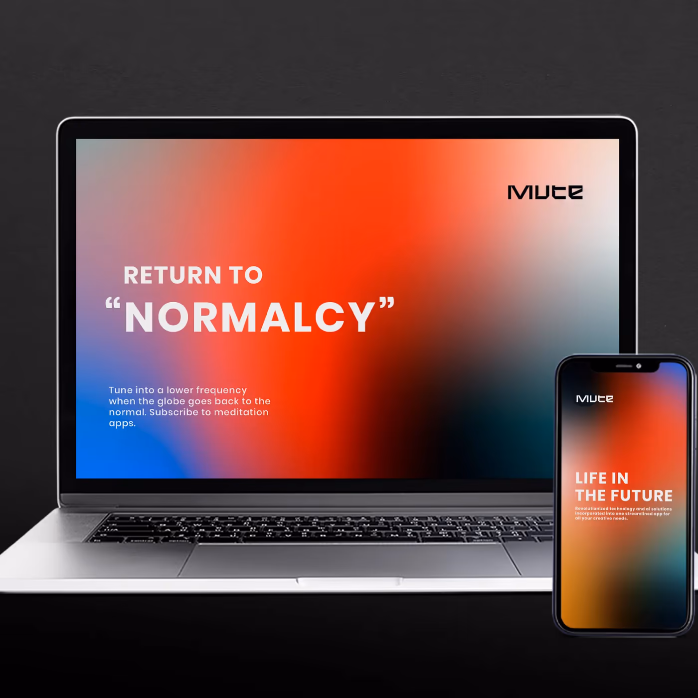 Mute brand identity shown on MacBook and iPhone — digital brand application