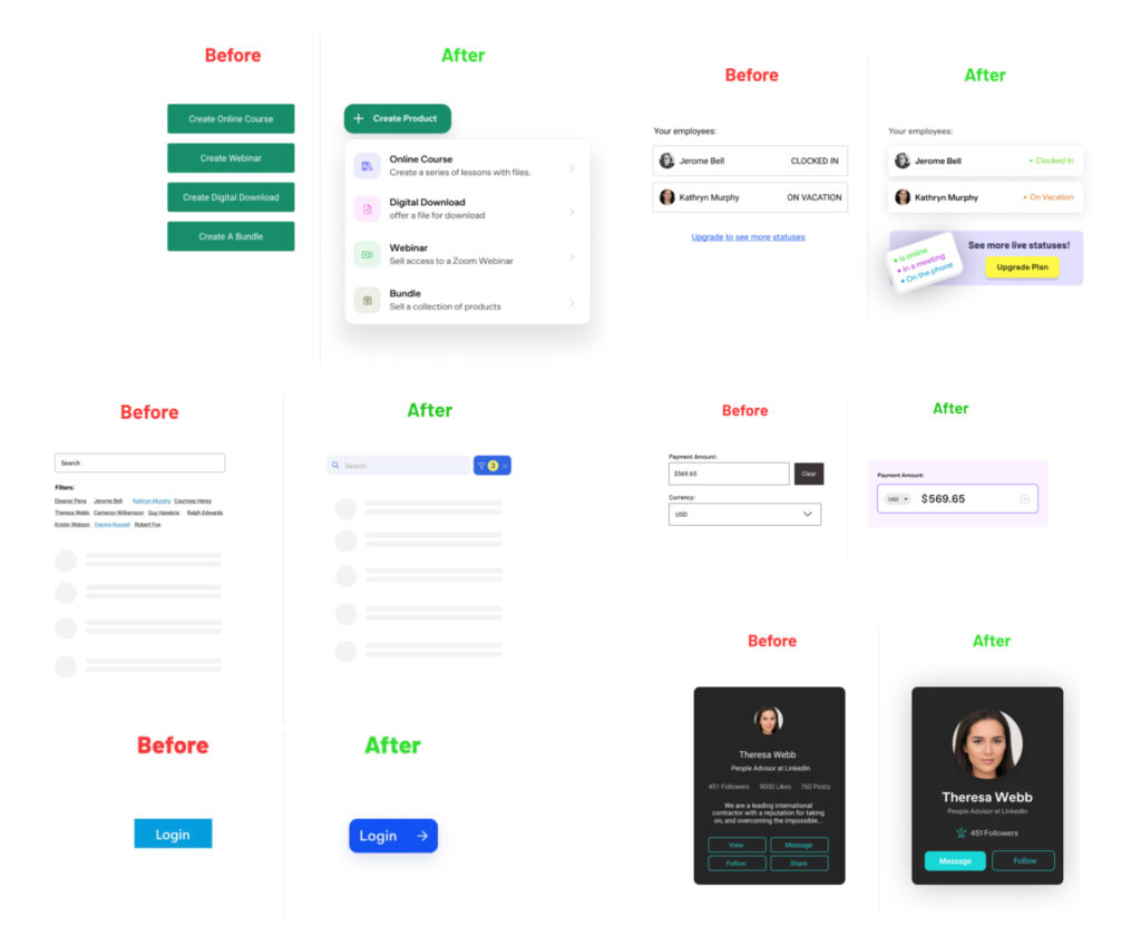A comparative UX case study showcasing "Before" and "After" design improvements in various UI elements such as product creation menus, employee status displays, search filters, payment interfaces, and login buttons.