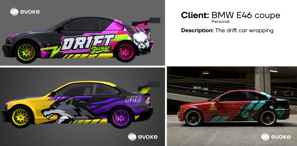 A collage of three custom BMW E46 drift cars wrap design with sponsor logo style graphics, featuring vibrant pink, purple, and yellow designs for a bold track presence.