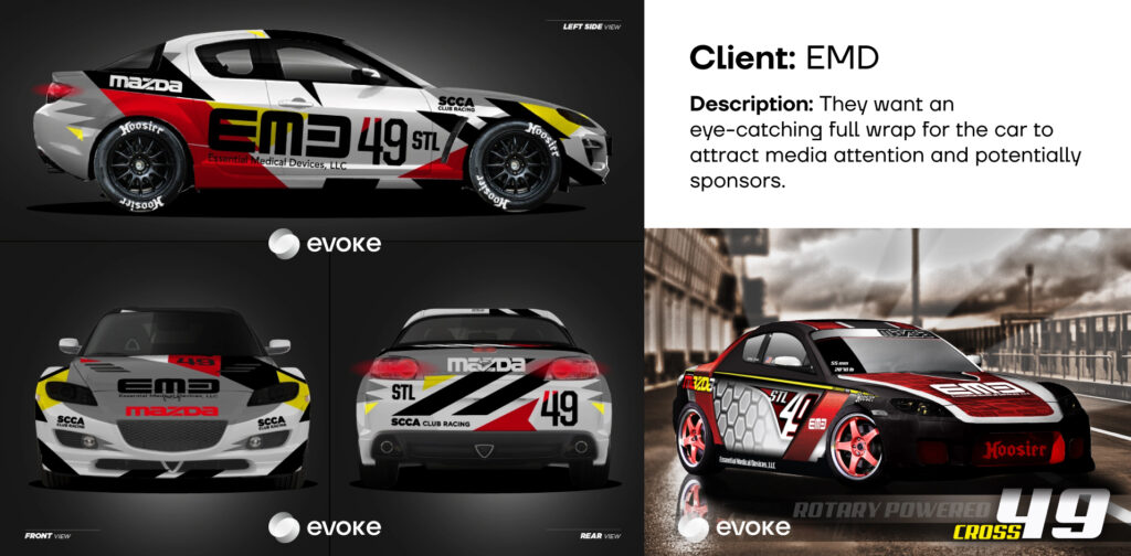Professional Mazda RX-8 drift cars wrap design with the sponsor logo for EMD, Hoosier, and SCCA, created to attract media attention.
